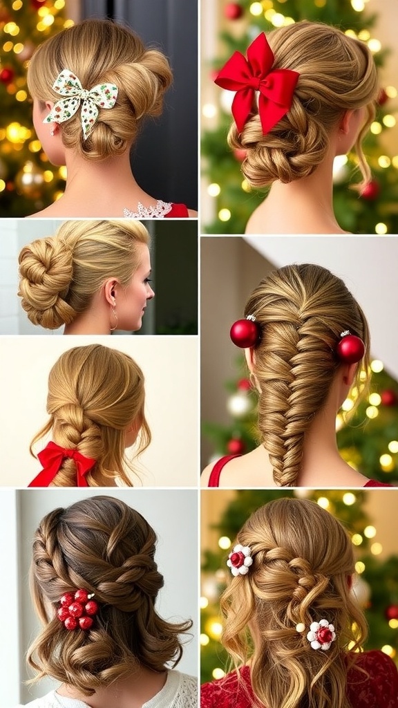 A collection of festive Christmas hairstyles including updos, braids, and loose waves decorated with ribbons and ornaments.